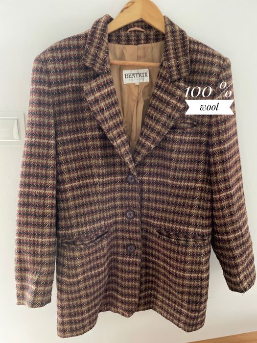 Stylowa marynarka żakiet w kratę dłuższa wełniana 100 % wool 42