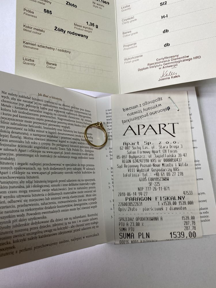 Pierścionek zaręczynowy Apart złoty 585 diament brylant