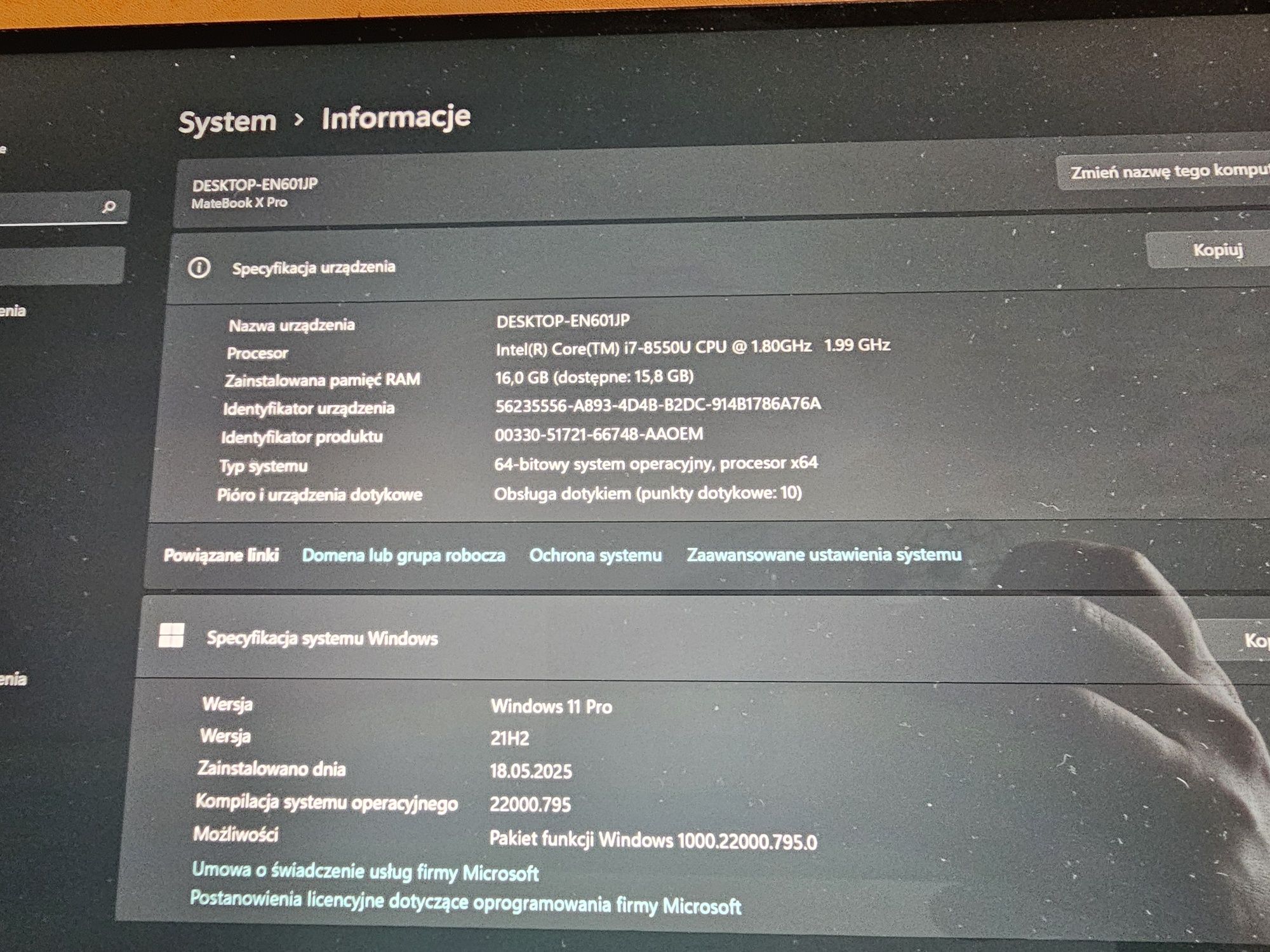 Huawei Matebook X Pro i7-8550U/16GB/512SSD/Win11pro Grafika MX150