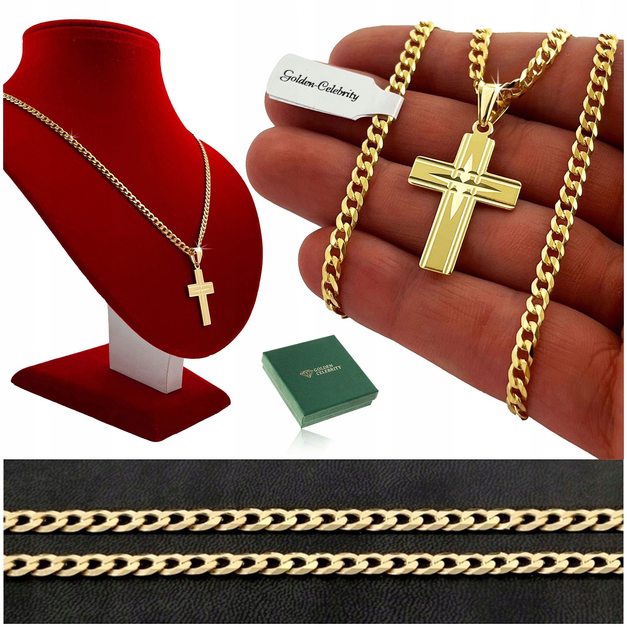 Złoty Łańcuszek Męski Pancerka + Krzyż 925/585 Prezent Dla Taty + Graw
