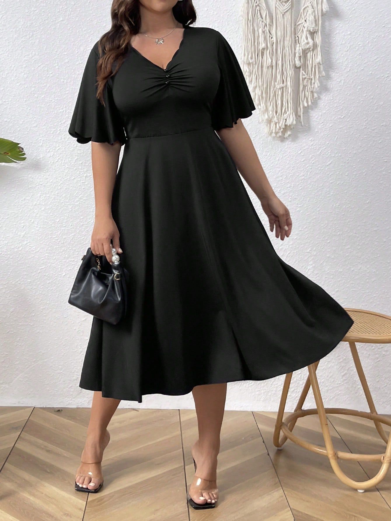 Sukienka Midi Rozkloszowana Elegancka Wizytowa Czarna Shein 4Xl 48