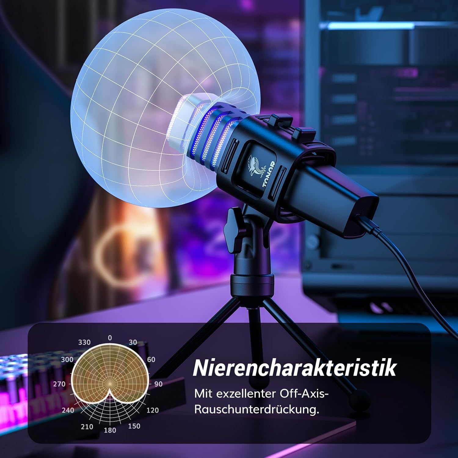 Mikrofon gamingowy USB do PC RGB Microphone Streaming Podcast Studio