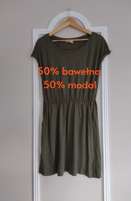 Sukienka damska gładka z bawełny taliowana M/L kieszenie khaki zieleń