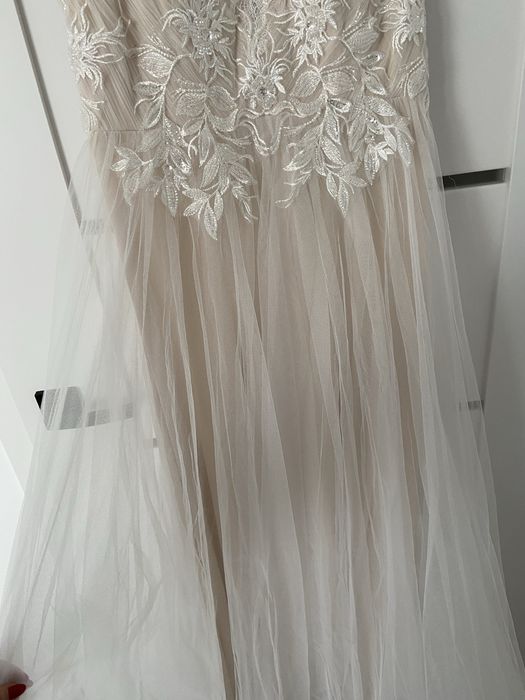 Nowa suknia slubna koronka beż ecru prosta rustykalna L 40