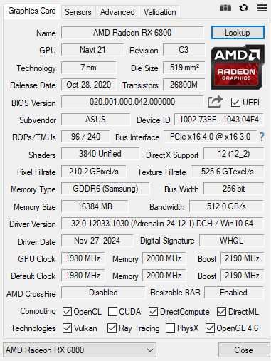 AMD RX 6800 Rog Strix OC 16GB