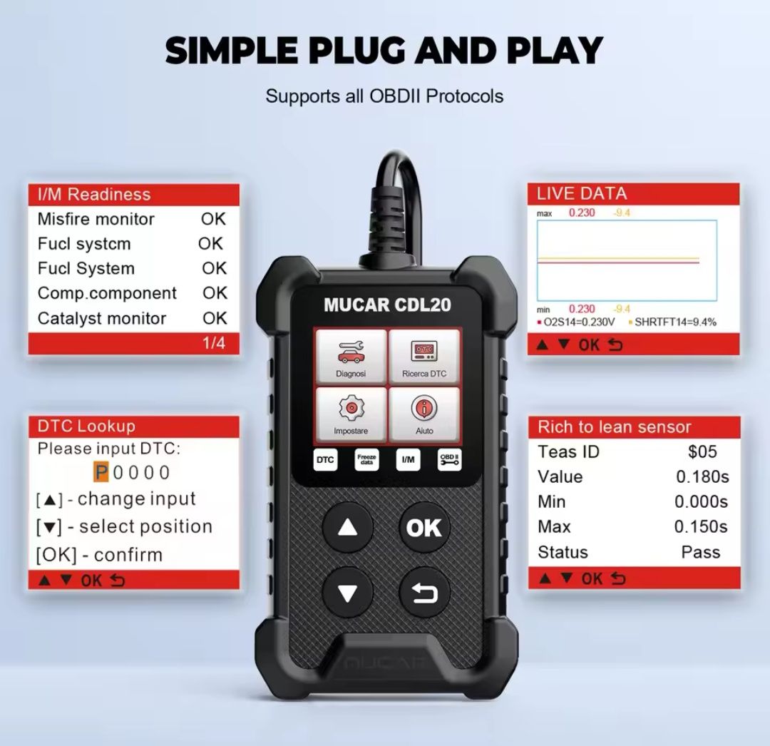 Scanner Automotivo OBD2 Mucar CDL20 Leitura e correção de erros NOVO