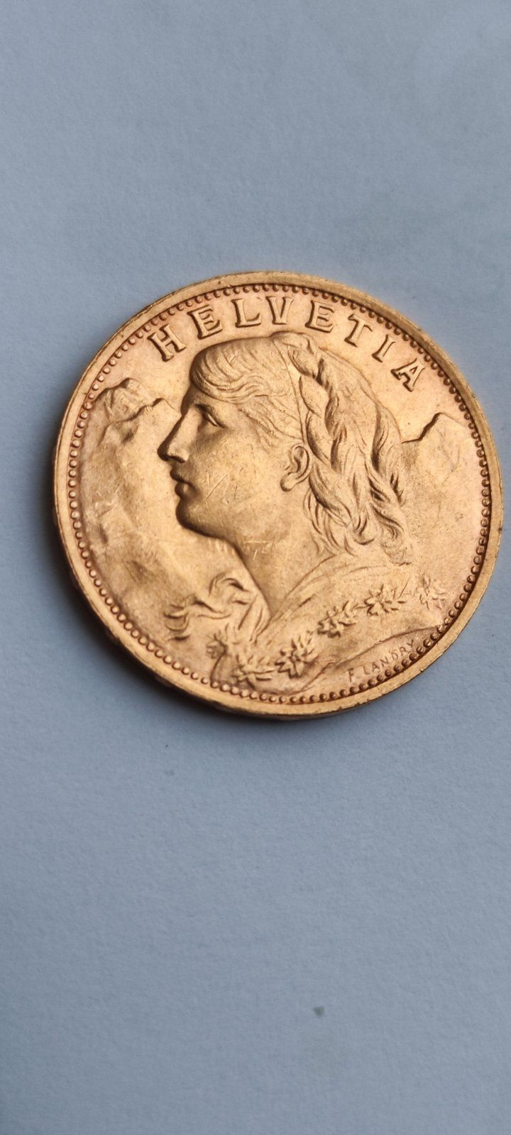 1935 год золотая монета 20 франков Швейцария Гельвеция 900 проба,6,45г