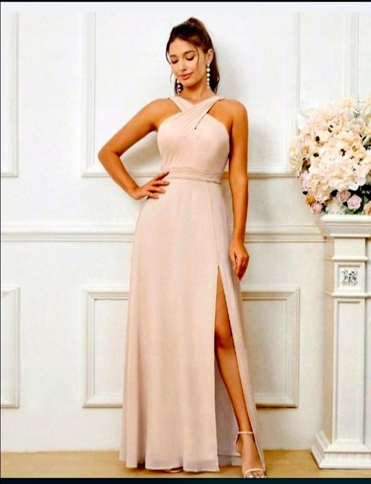 Elegancka sukienka długa beżowa wesele S