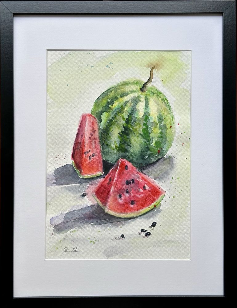 Pintura a aguarela com moldura. Melancia / framed Watermelon painting