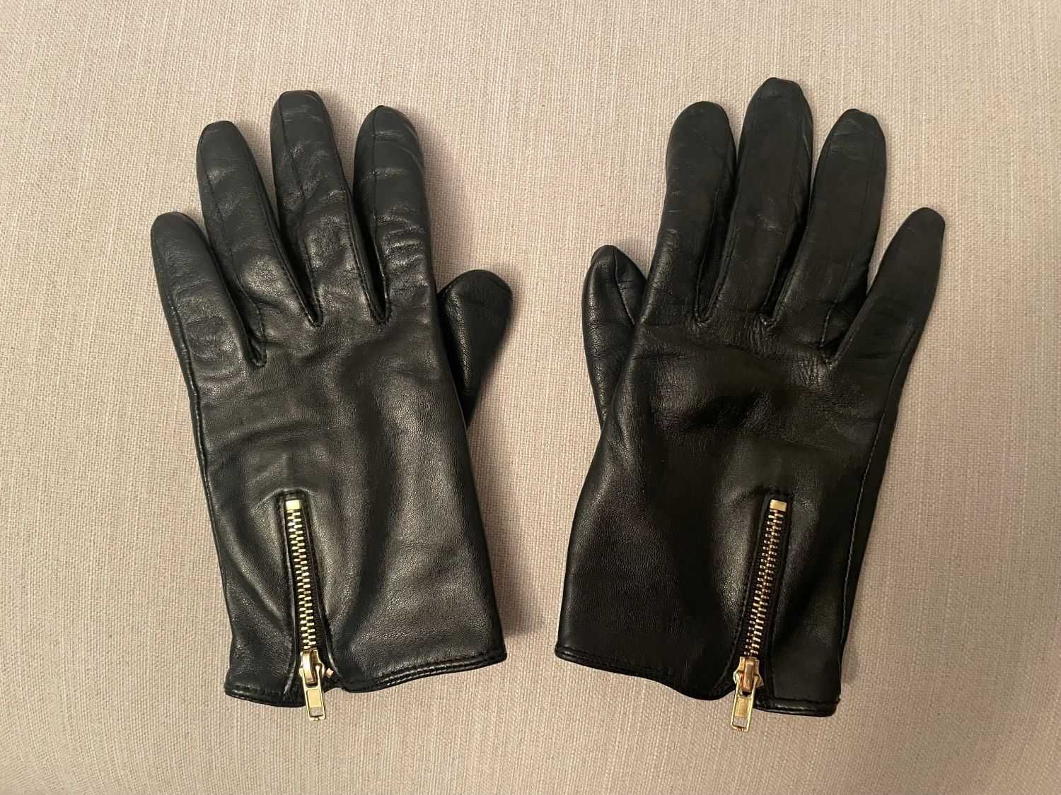 Rękawiczki czarne skórzane damskie ze złotym zamkiem rozm. S / 7,0