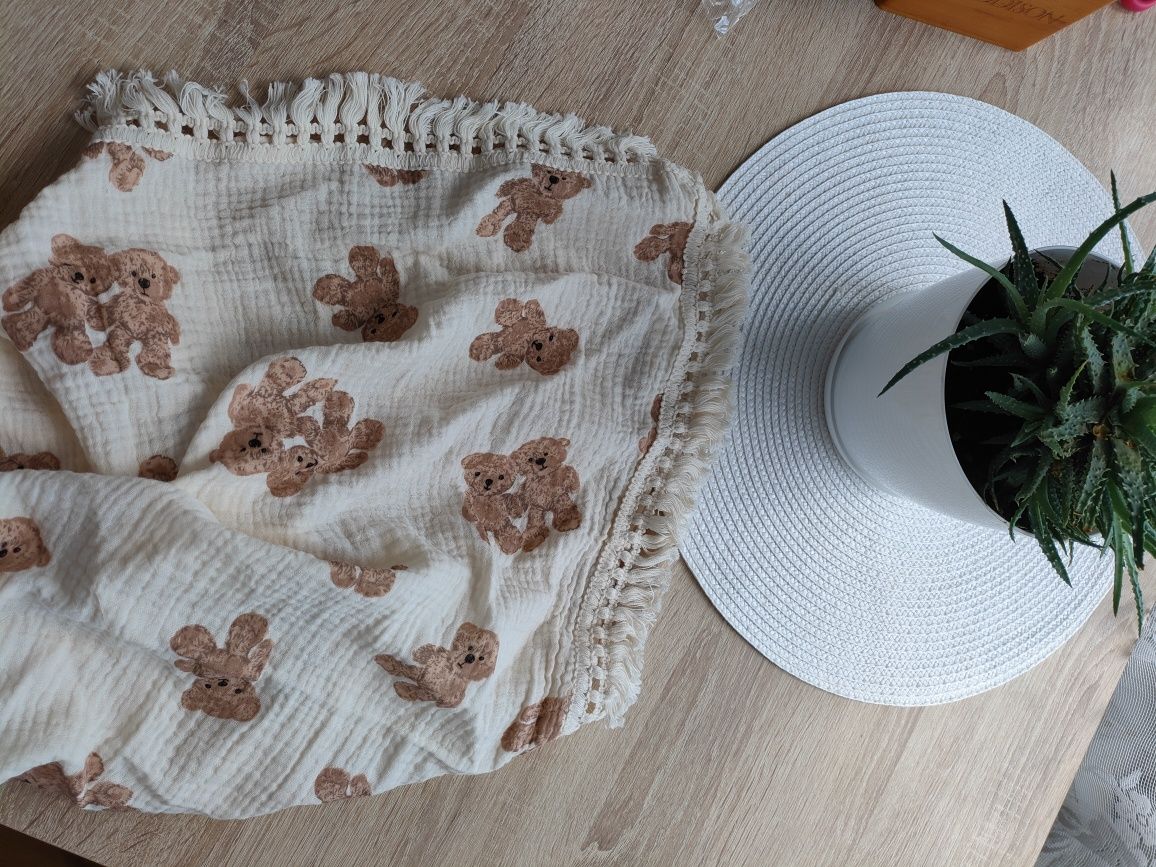 Muślinowy kocyk w misie Basic Boho styl dla chłopca dziewczynki kremow