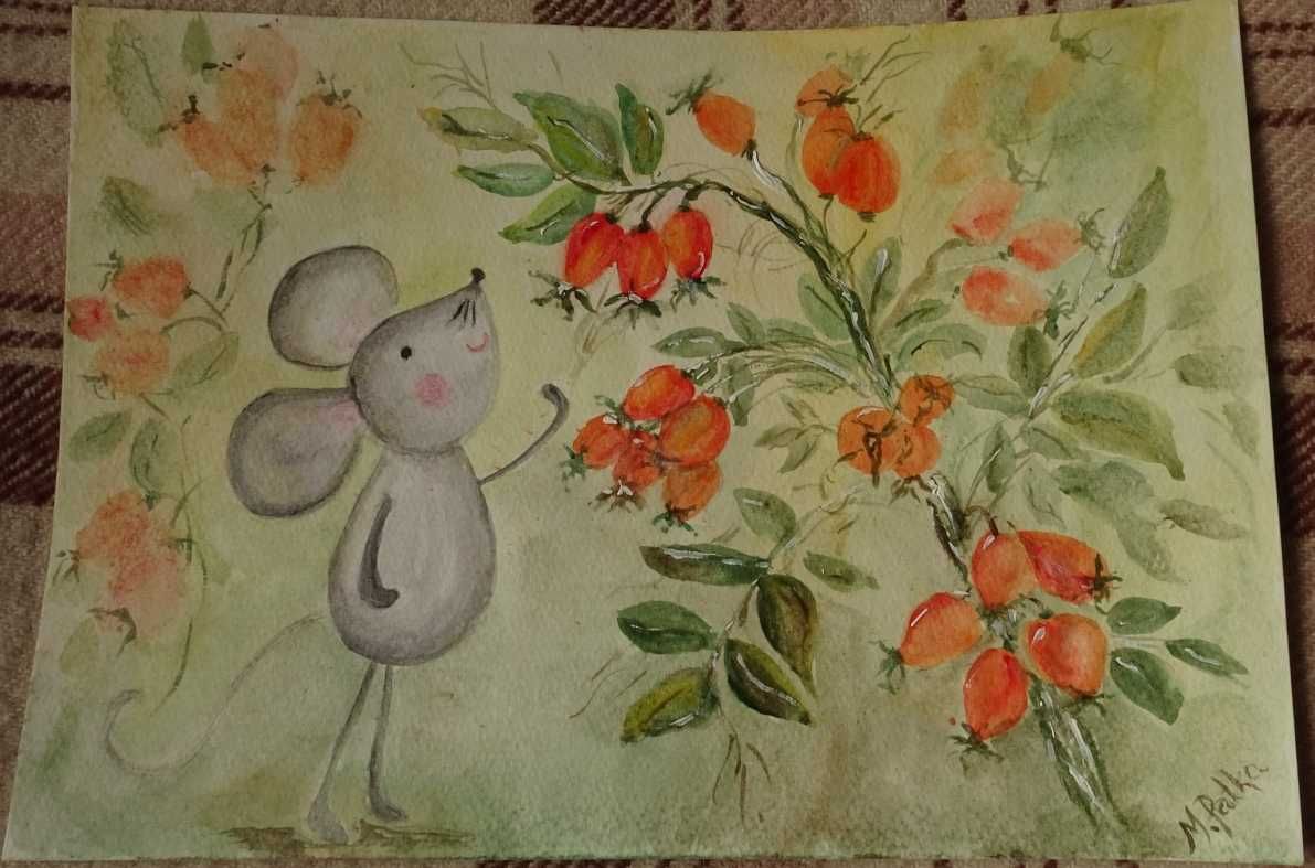 Akwarela - nastrojowy obrazek myszka dzika róża , obrazek malowany