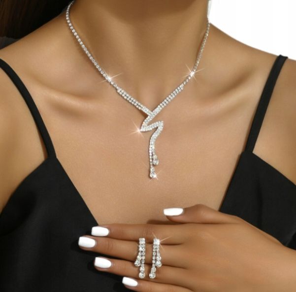 Komplet Biżuterii Kolczyki Naszyjnik Ślubny Srebrny Cyrkonie B32