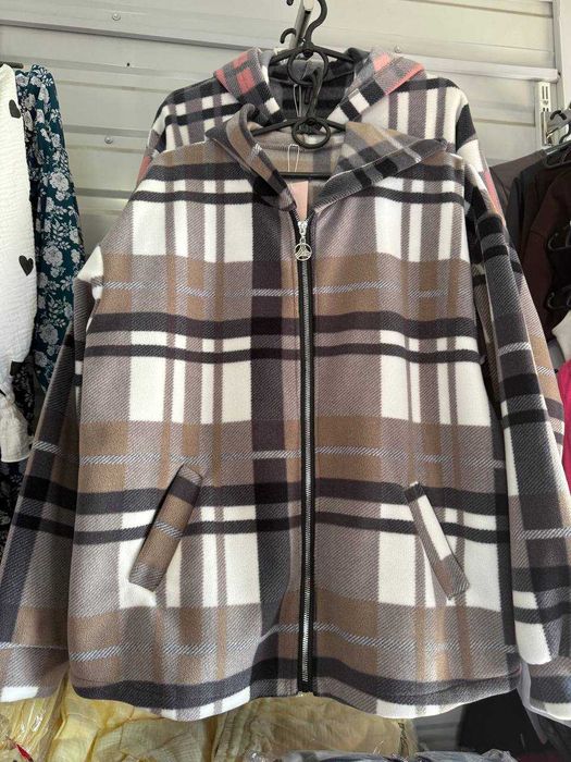Жіноча довга флісова сорочка в клітинку з капюшоном рубашка від 42до52