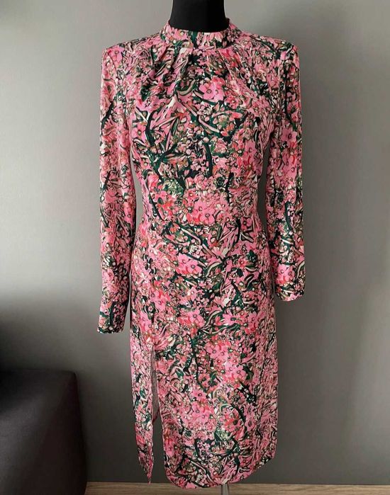 Różowa sukienka midi w kwiaty retro vintage H&M 38