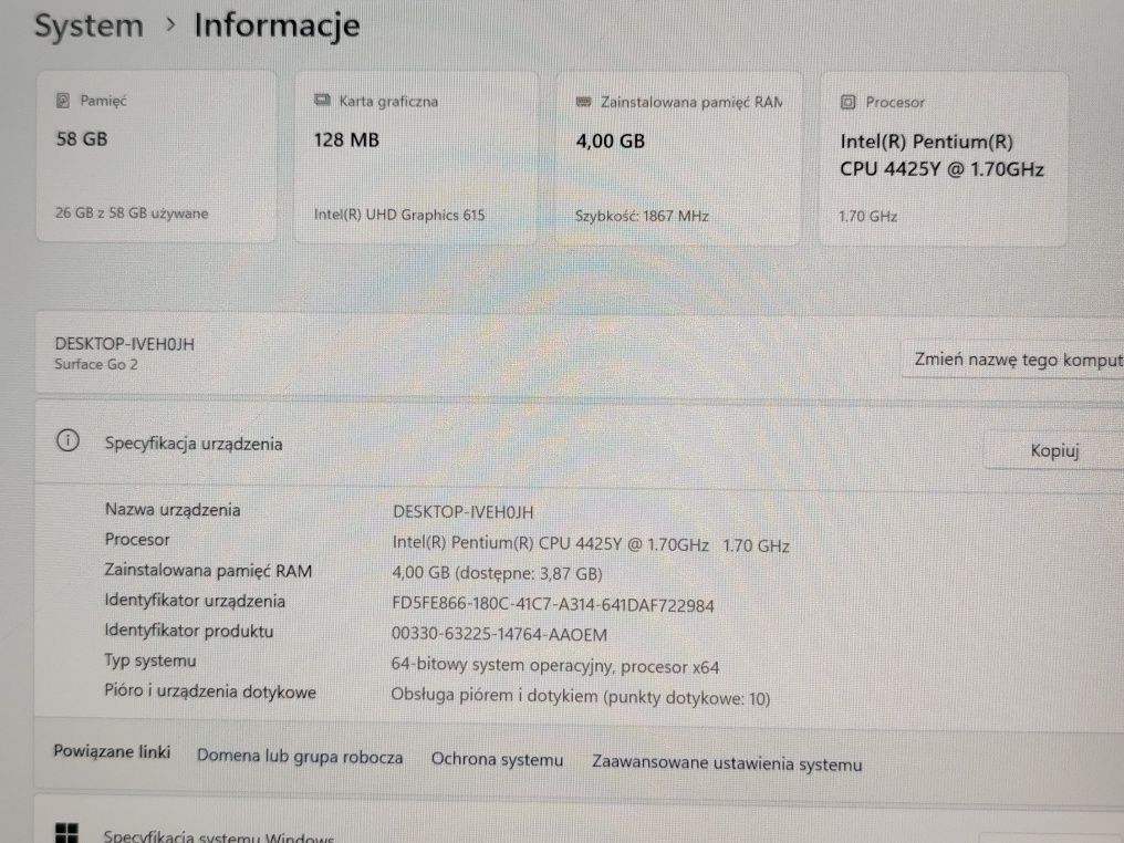 Microsoft Surface Go 2 4/64GB win 11 pro