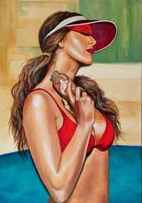 Obraz akrylowy na płótnie 70x100cm "kobieta w czerwonym bikini"