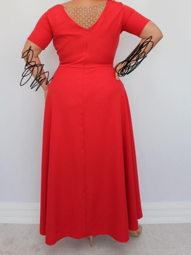 Catalina.Czerwona długa asymetryczna sukienka z ozdobnymi plecami