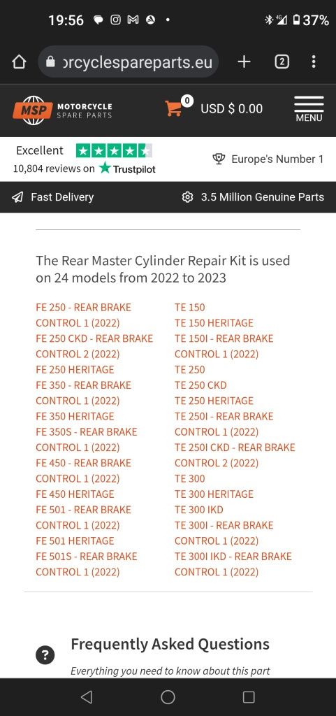 Kit rebuild brake master cylinder KTM