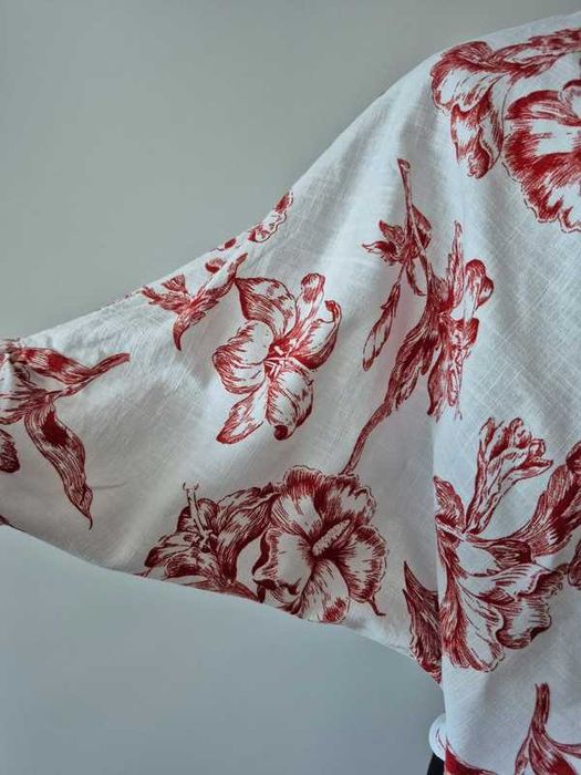ZARA bluzka S M len wiskoza kwiaty wiązana narzutka nietoperz