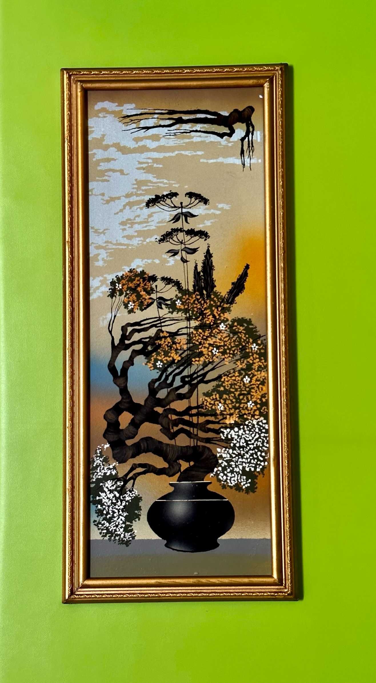 Obraz kwiaty rama drewniana złota zdobiona 58x25 vintage