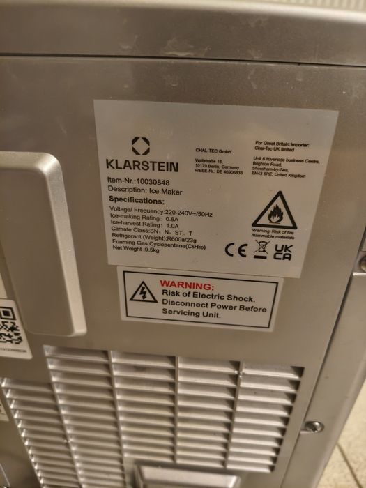 Kostkarka Klarstein  uszkodzona maszyna do lodu