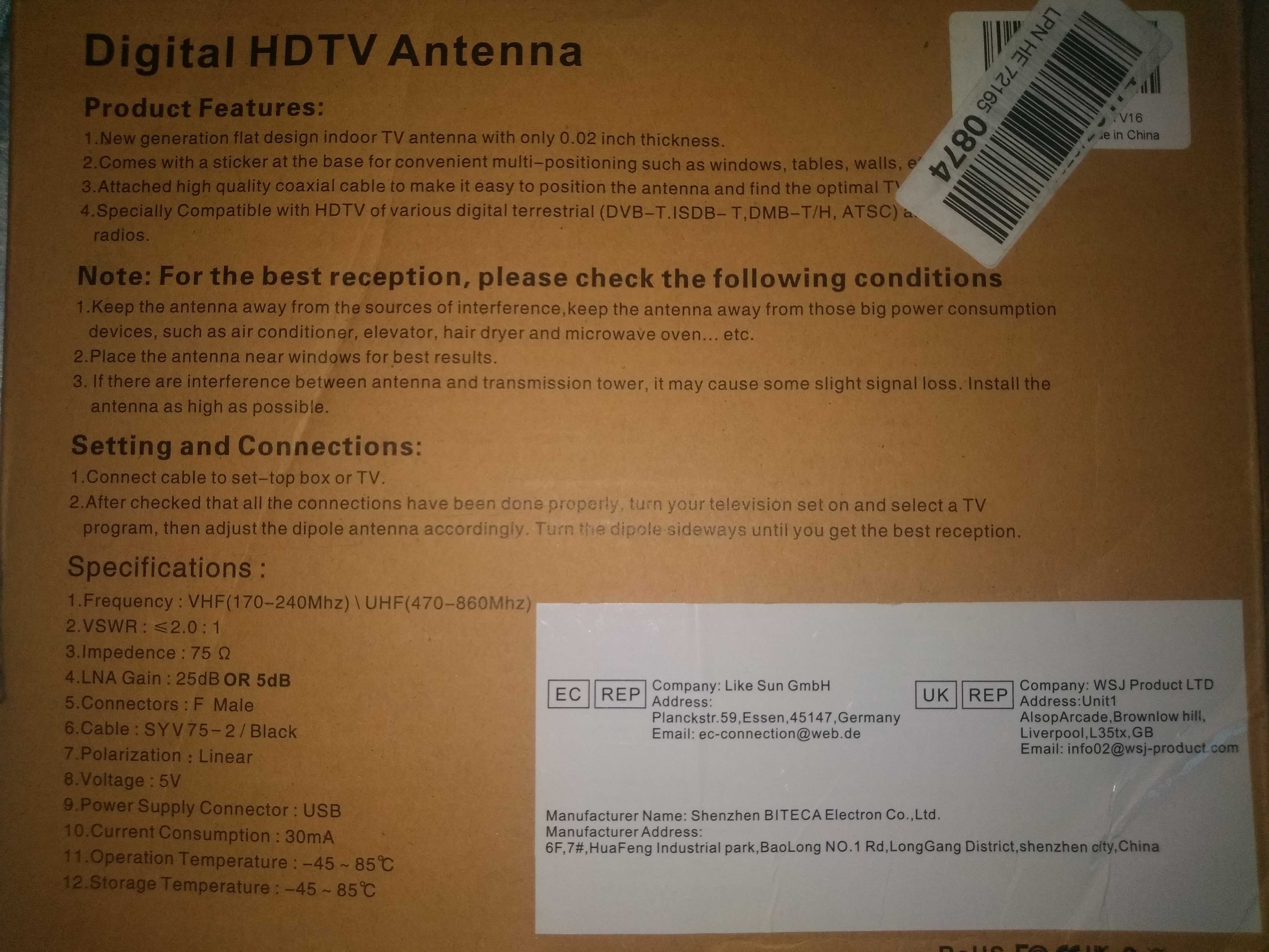 Antena Wewnętrzna DIGITAL HDTV  a DTA400B