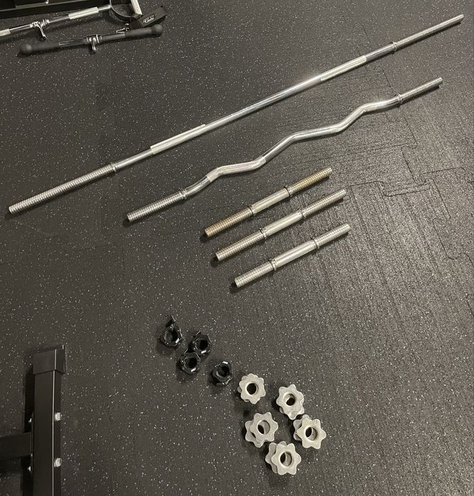 Zestaw talerze żeliwne + 2 sztangi, hantle i stojak 140kg