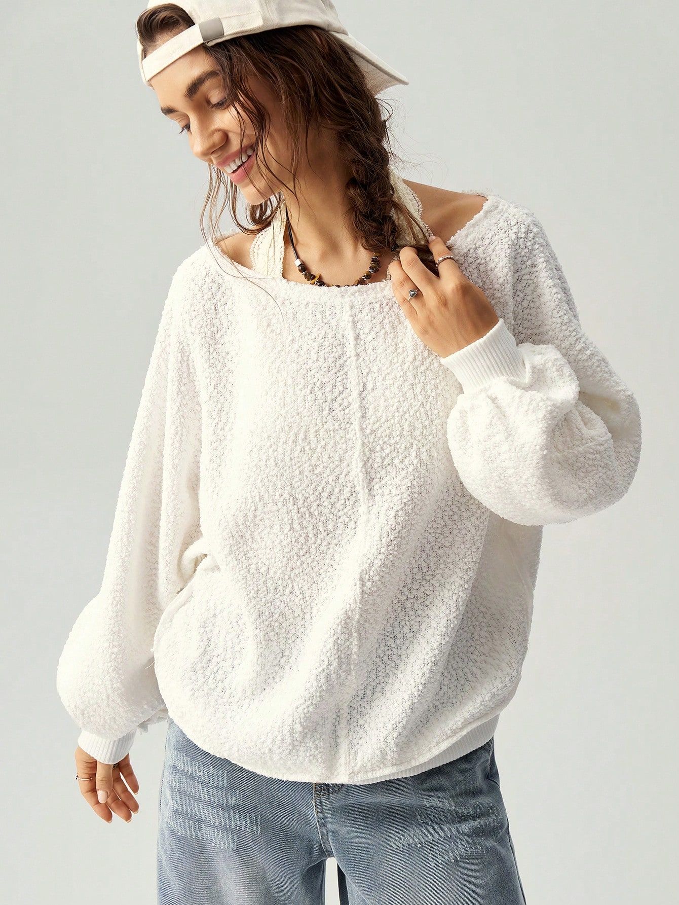 Sweterek Luźny Oversize Teksturowany Dekolt Łódka Ecru Shein S 36