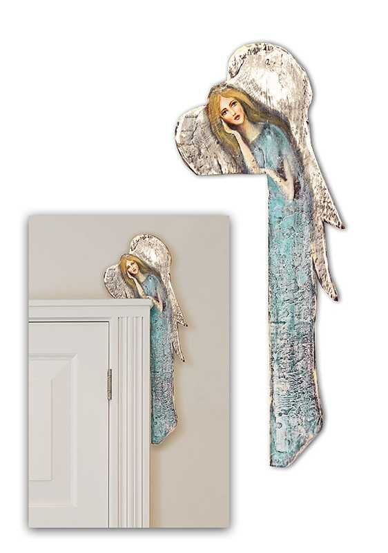 Ręcznie malowany drewniany aniołek nad drzwi prezent roczek