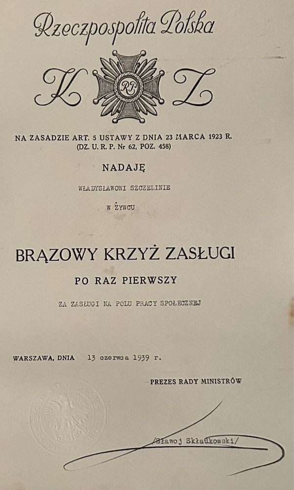 II RP Dyplom - nadanie na Brązowy Krzyż Zasługi 1939 r. W. Szczelina