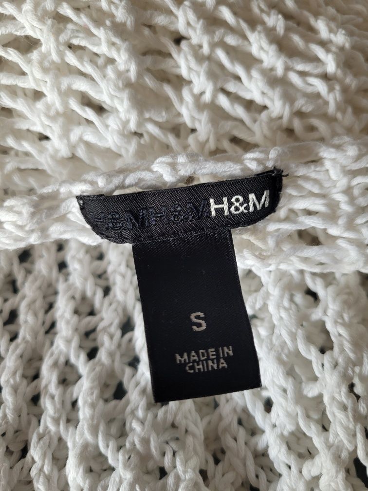 Biały lniany ażurowy sweter boho H&M