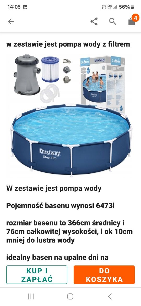 Duży basen Bestway wraz z niezbędnymi akcesoriami.