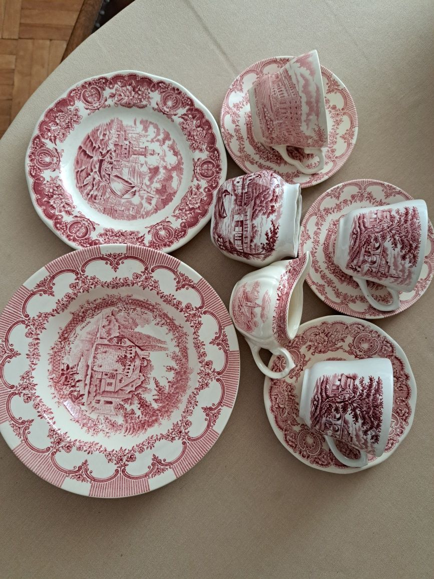 zestaw 9 szt. porcelana angielska, różowe dekoracje