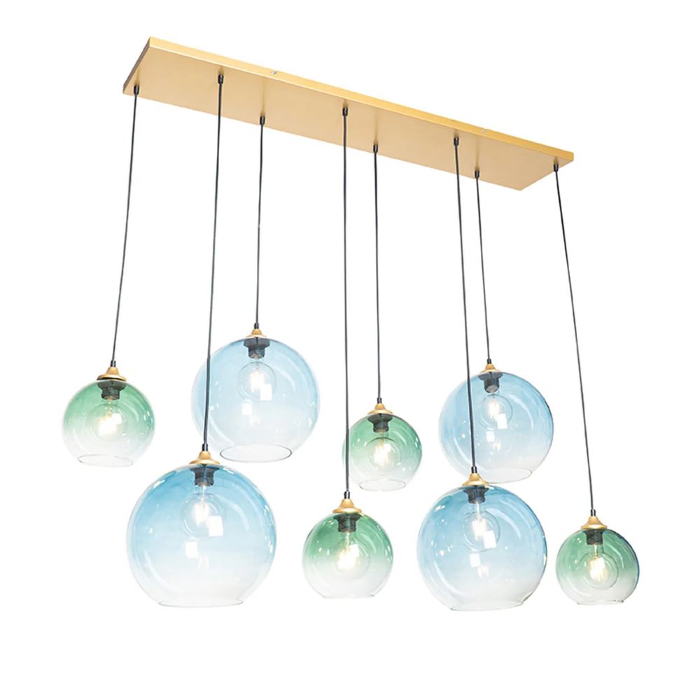 Lampa wisząca mosiężna z niebiesko-zielonym szkłem 8 świateł - Sandra