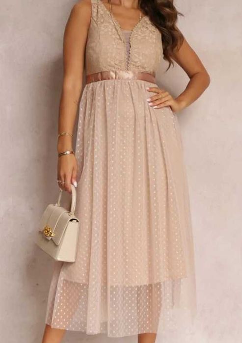 Sukienka damska tiulowa z koronką beżowa r. S