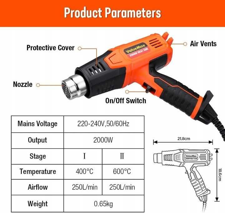 Valuemax Opalarka 2000W regulacja temperatury, 4 dysze, ochrona