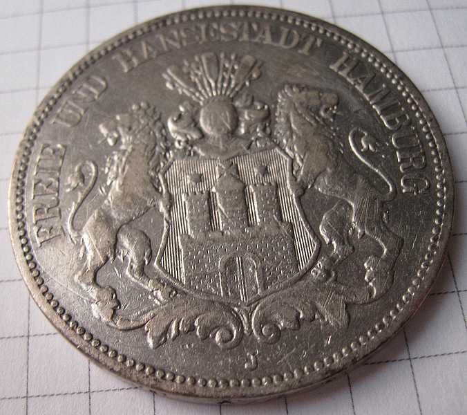 5 марок 1875 року, Гамбург, старий герб, срібло