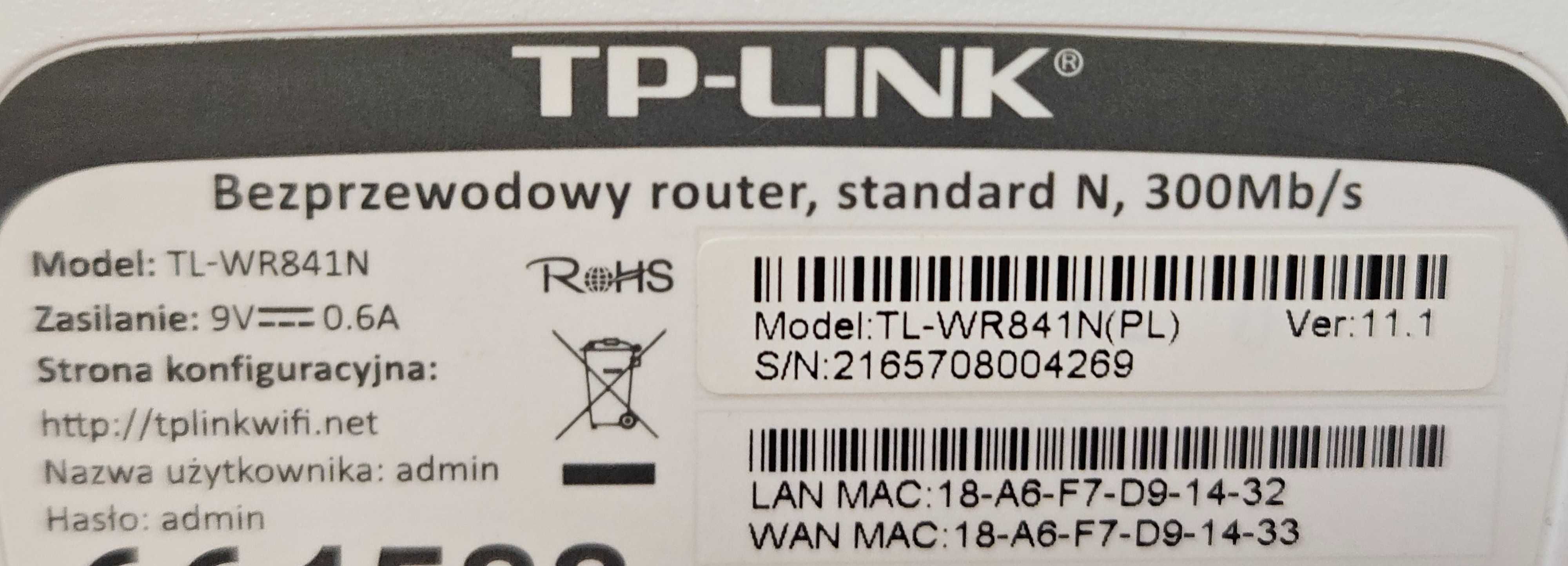 Router bezprzewodowy TP-LINK, standard N, Model: TL-WR841N