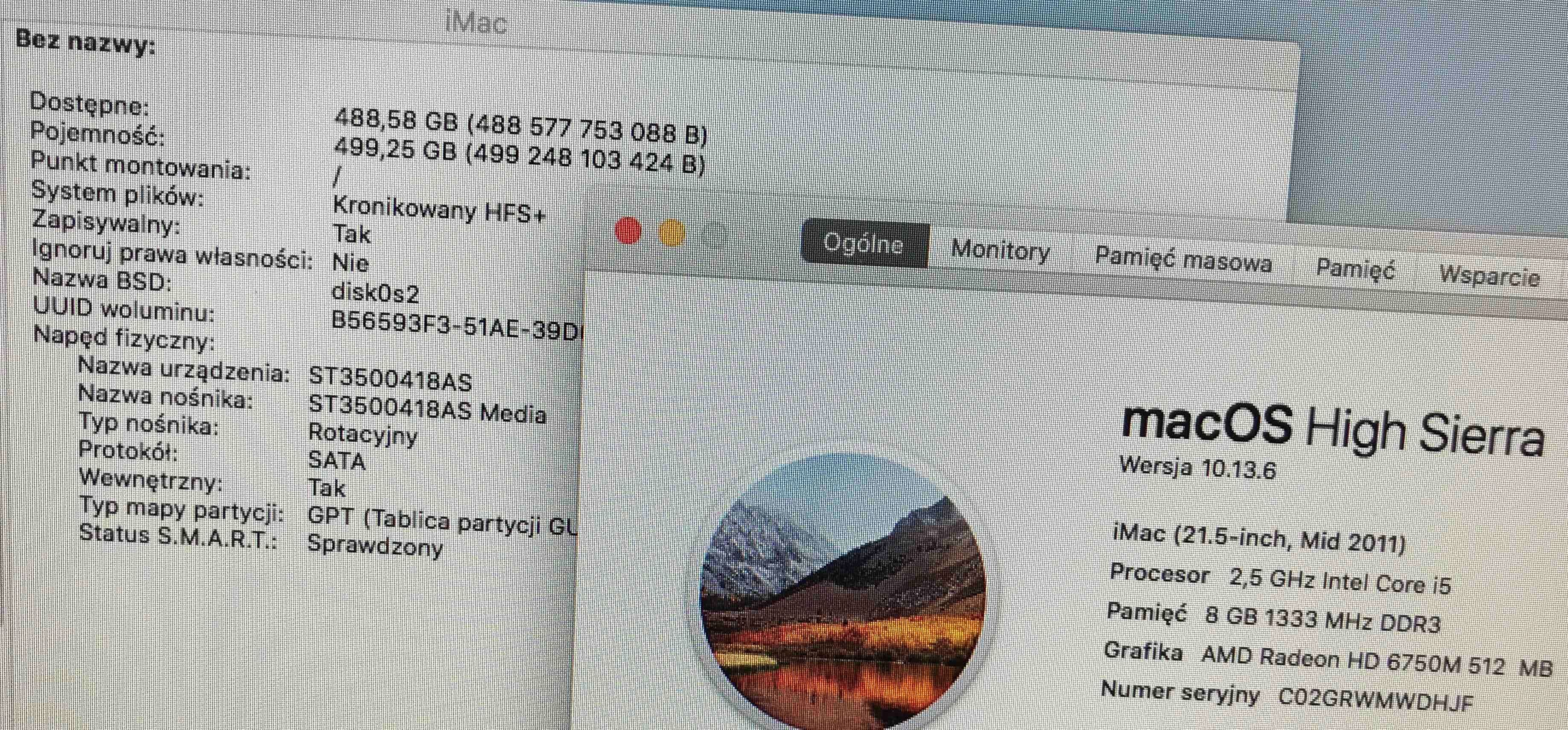 iMac 21,5" 2011r i5 2,5Ghz/HDD 500GB/RAM 8GB/HD 512MB/DVD