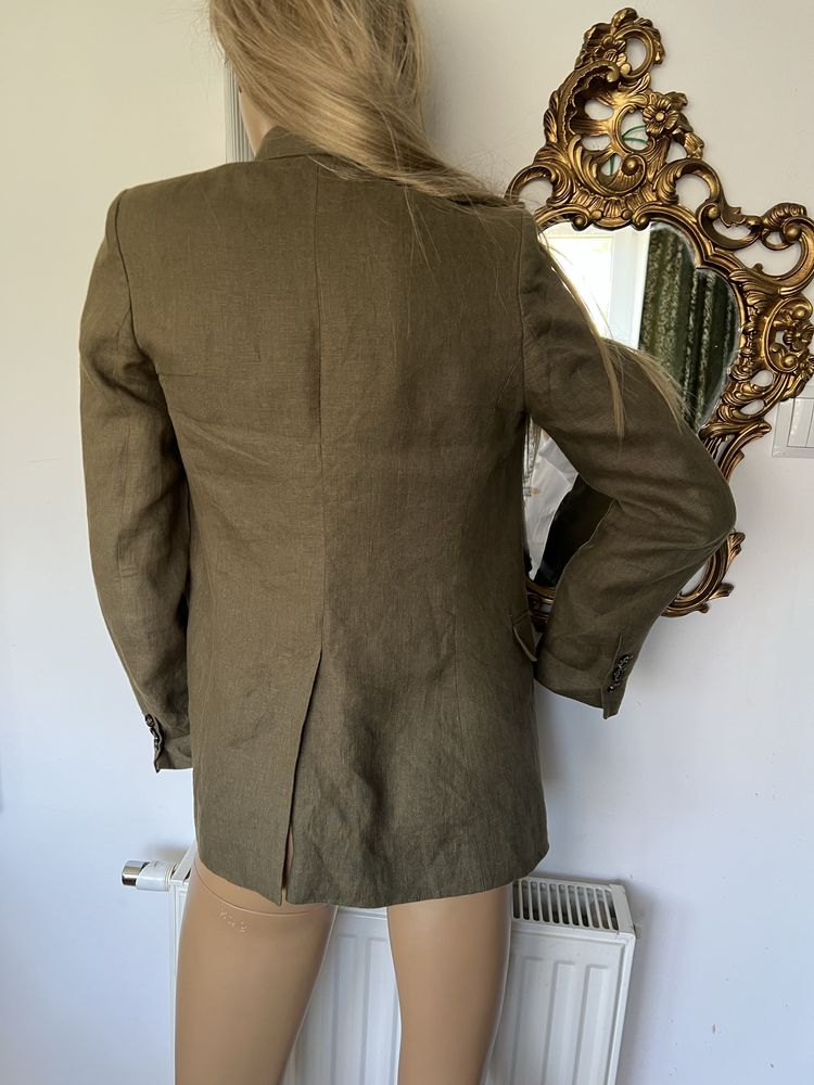 Mango lniana marynarka xs damska zielona khaki len długa lekka