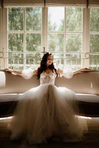 Wyjątkowa suknia ślubna Tom Sebastien - Mellody + 3m welon + szlafrok.