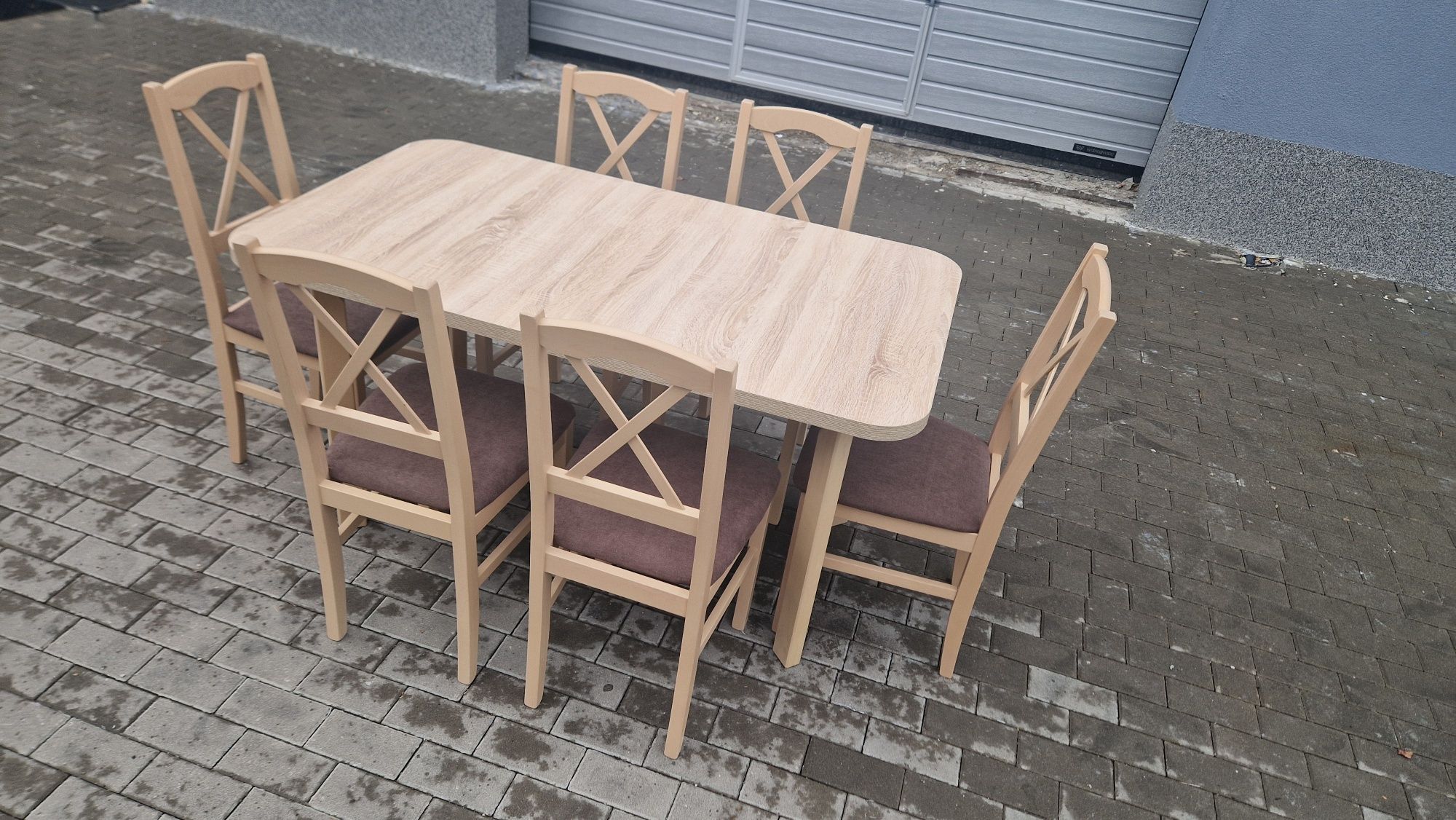 Nowe: Stół 80x140/180 + 6 krzeseł, sonoma + brąz(krzyż) dostawa całaPL