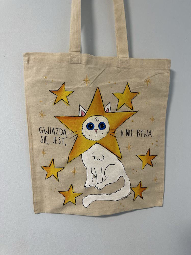 Bawełniana torba tote bag biały kot kociara cat gwiazdki
