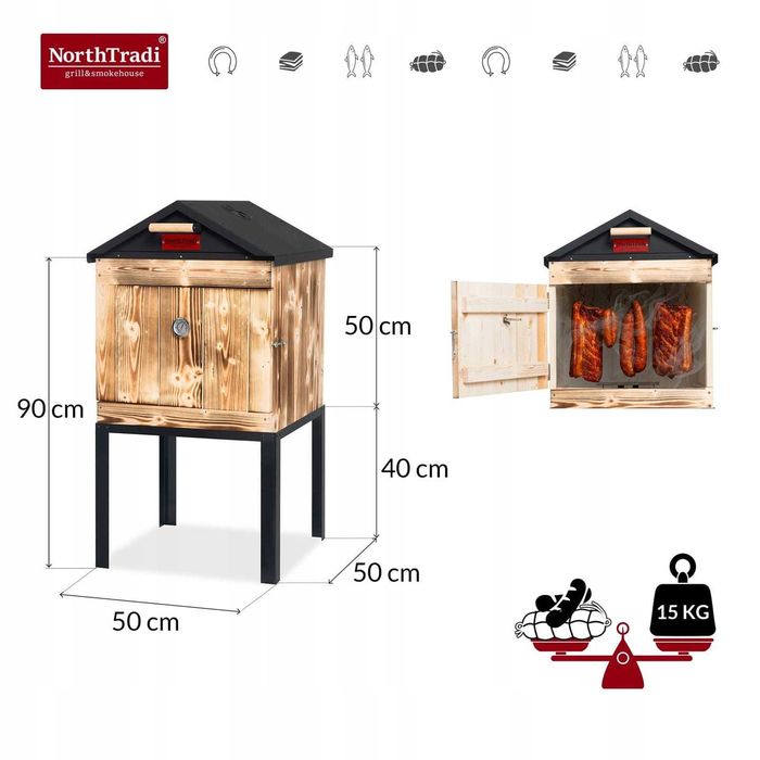Wędzarnia Ogrodowa Domowa Drewniana Zestaw Palenisko Met. Dach Wędzok