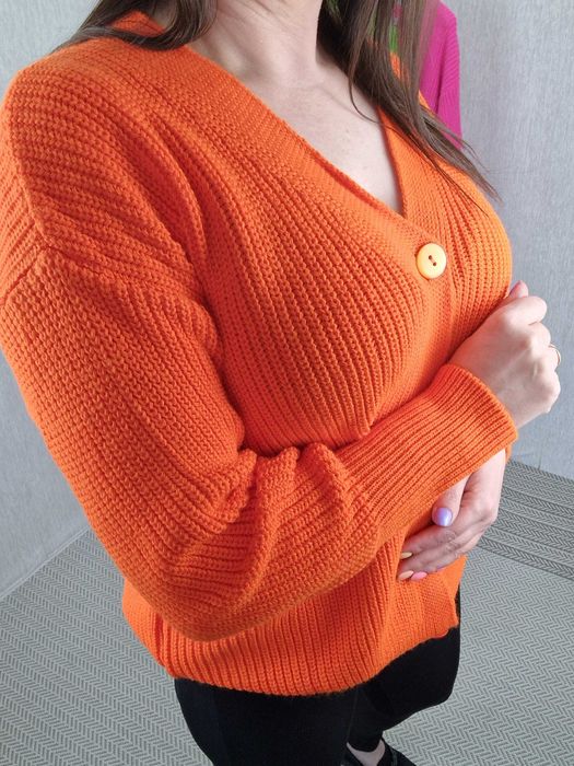 NOWY Sweter rozpinany prążek 3 guziki pomarańczowy