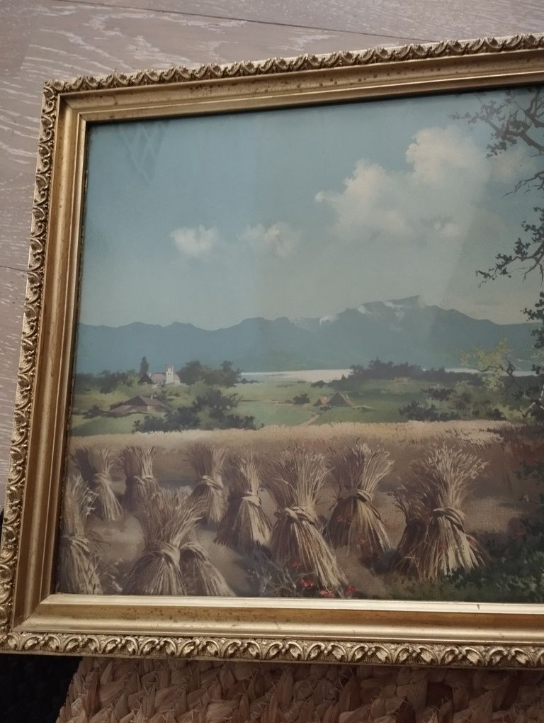 Stary obraz vintage z podpisem, drewniana rama