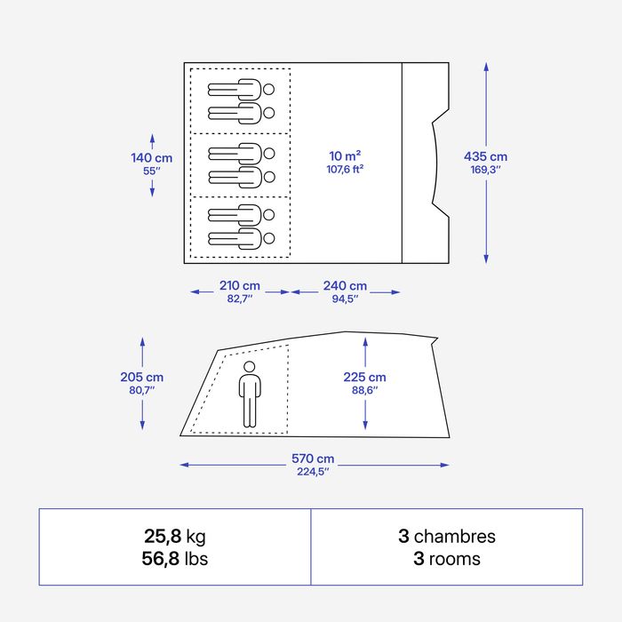 Tenda de campismo com varetas 6 pessoas, 3 quartos ARPENAZ 6.3 F&B