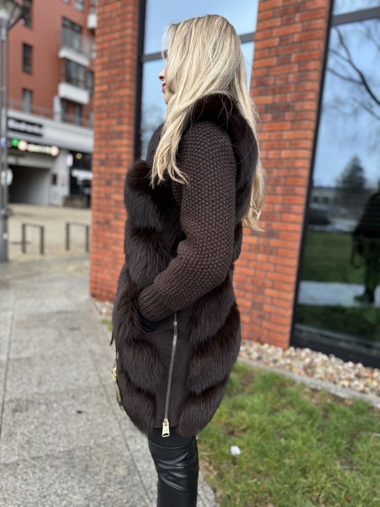 Kamizelka 2 w 1 brąz z lisa jodełka xs/s  naturalna new