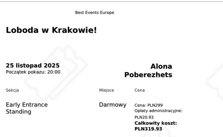 Продам квиток , Лобода в Кракові 25/11
